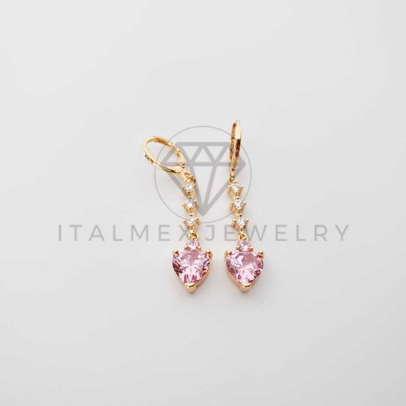 18K Gold Plated Pink CZ Heart Drop Earrings - Picture 6 of 8